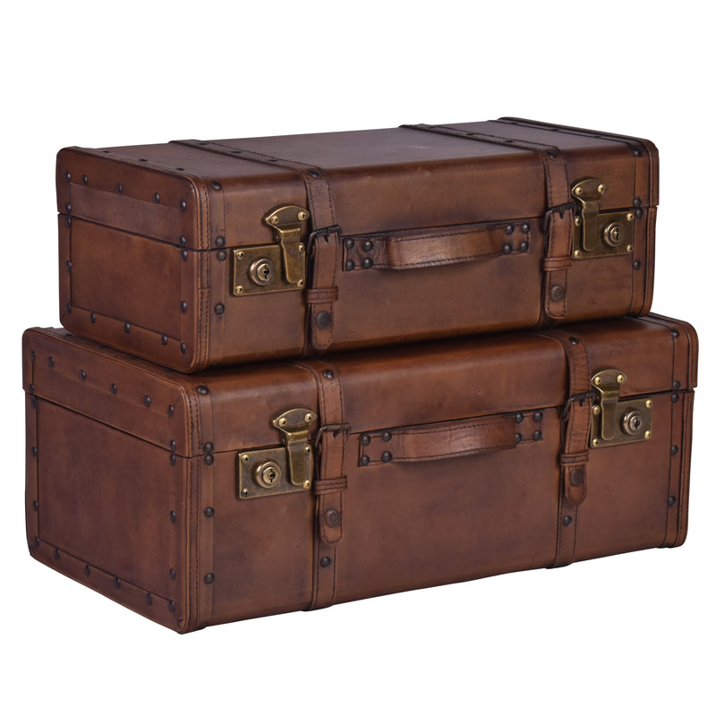Jaipur Set Of Leather Trunks-Dovetailed &amp; Doublestitched