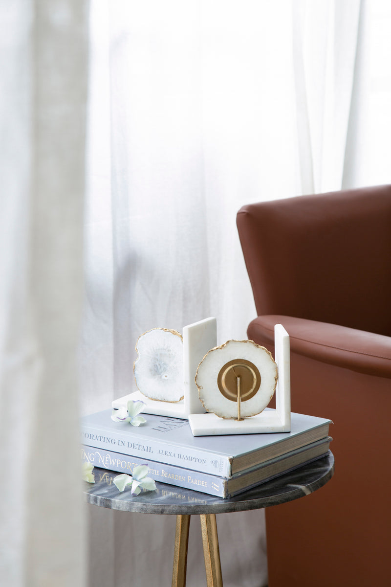 White Agate Bookends On Marble Base