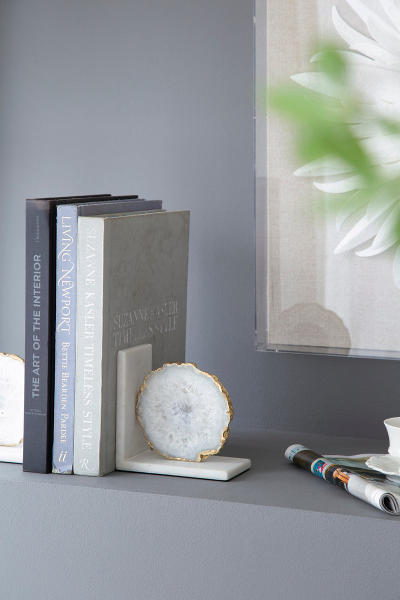 White Agate Bookends On Marble Base