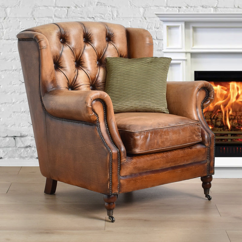 Apollo Vintage Leather Wingback Armchair-Dovetailed &amp; Doublestitched