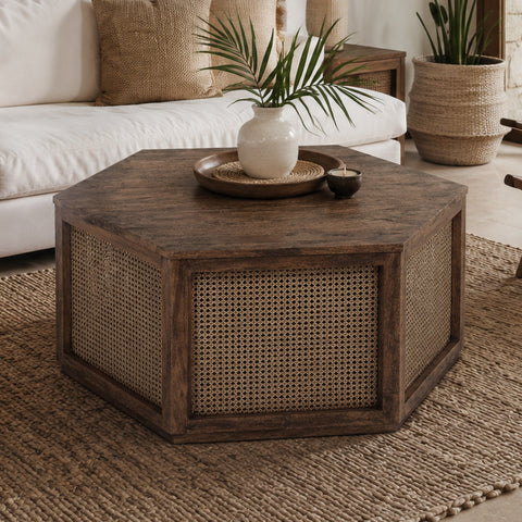 Avoca Hexagon Rattan Coffee Table in Honey Brown
