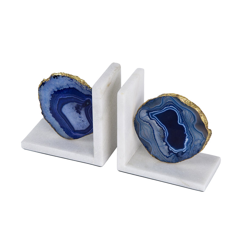 Blue Agate Bookends On Marble Base-Dovetailed &amp; Doublestitched