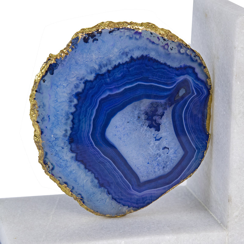 Blue Agate Bookends On Marble Base-Dovetailed &amp; Doublestitched