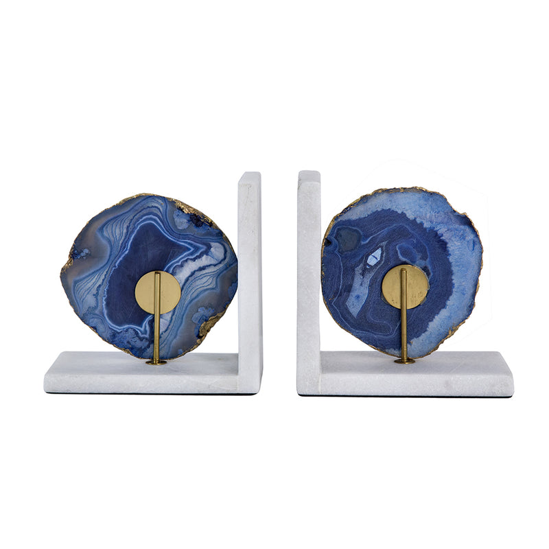 Blue Agate Bookends On Marble Base-Dovetailed &amp; Doublestitched