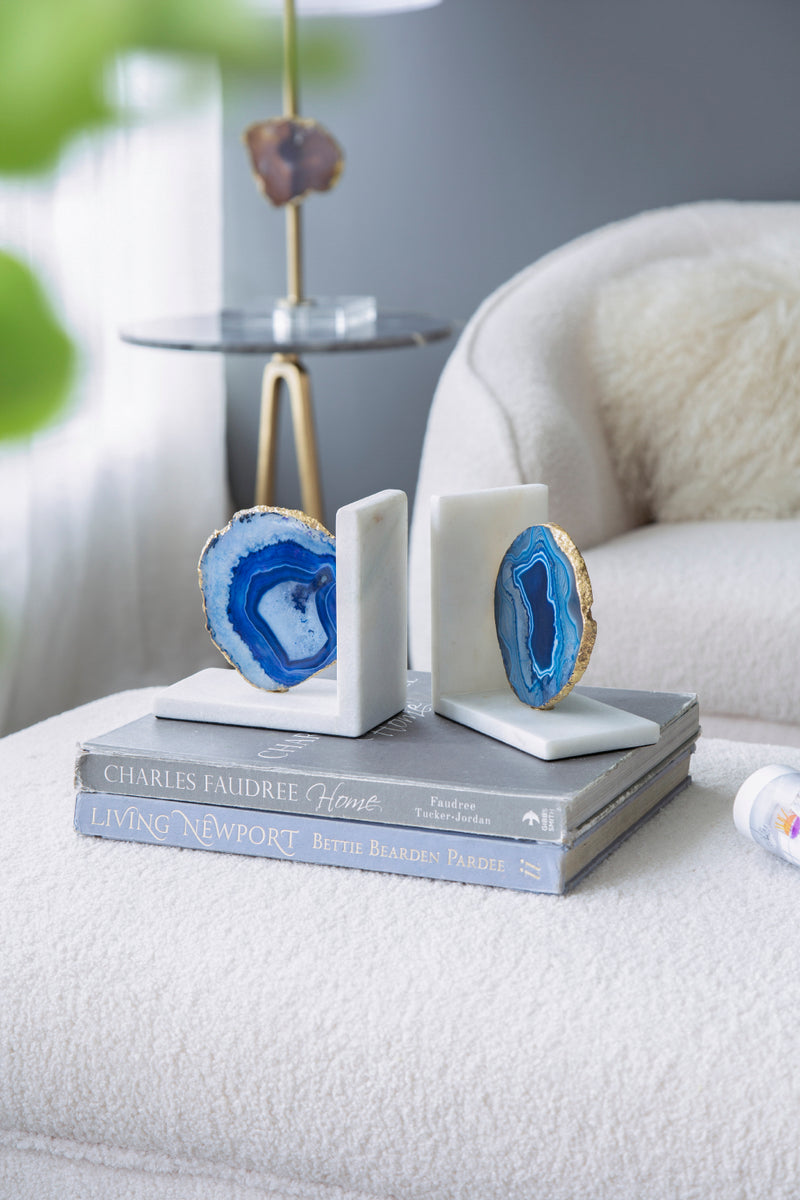 Blue Agate Bookends On Marble Base-Dovetailed &amp; Doublestitched