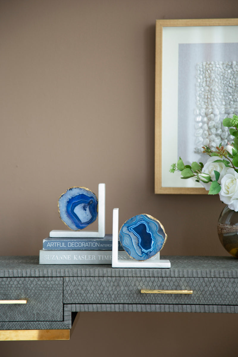 Blue Agate Bookends On Marble Base-Dovetailed &amp; Doublestitched