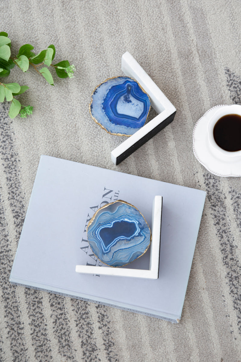 Blue Agate Bookends On Marble Base-Dovetailed &amp; Doublestitched