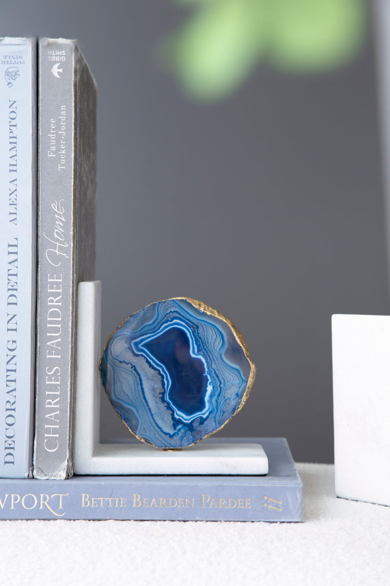 Blue Agate Bookends On Marble Base-Dovetailed &amp; Doublestitched