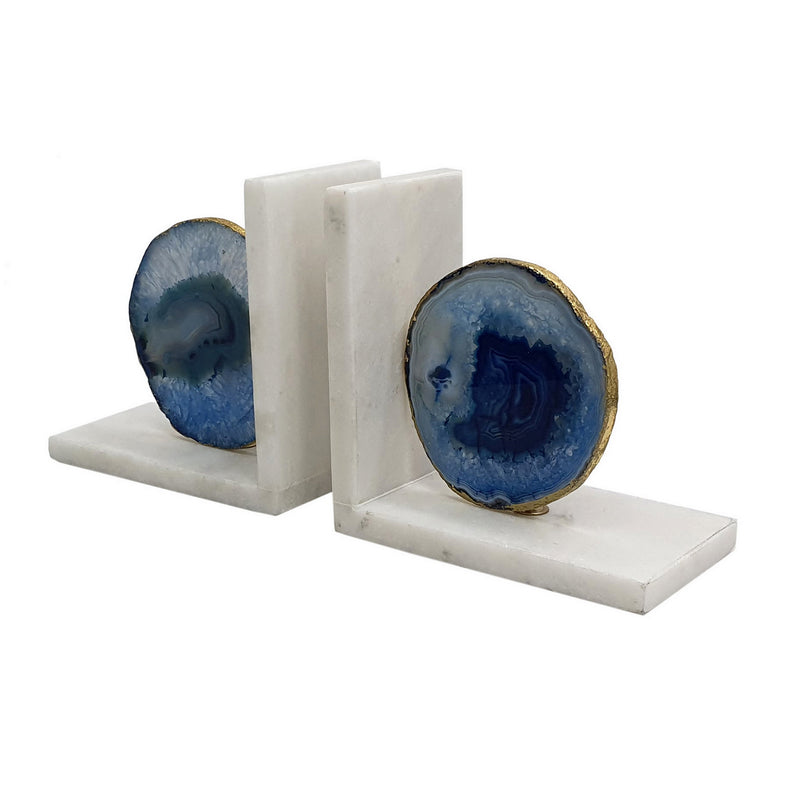 Blue Agate Bookends On Marble Base-Dovetailed &amp; Doublestitched