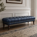 Chesterfield Blue Leather Bench-Dovetailed &amp; Doublestitched