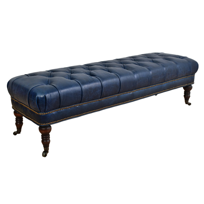 Chesterfield Blue Leather Bench-Dovetailed &amp; Doublestitched