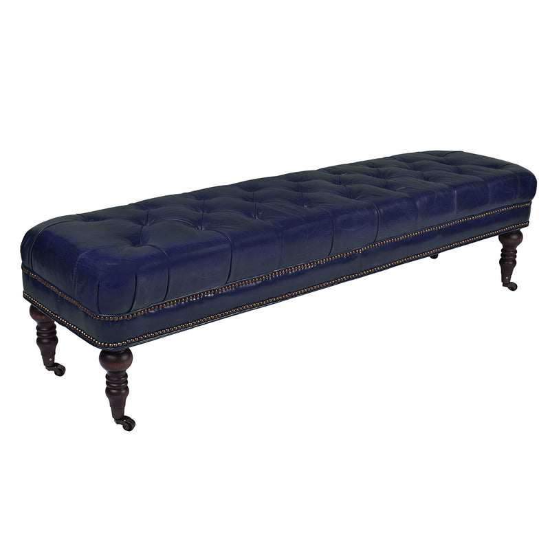 Chesterfield Blue Leather Bench-Dovetailed &amp; Doublestitched