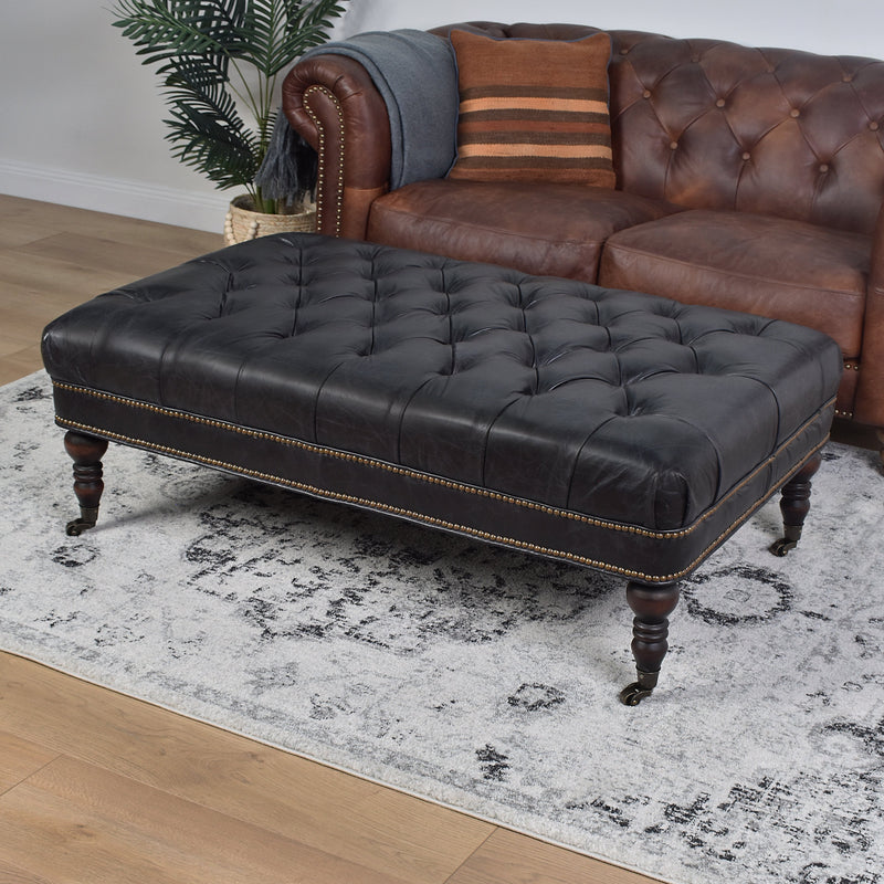Chesterfield Vintage Leather Coffee Table in Black-Dovetailed &amp; Doublestitched