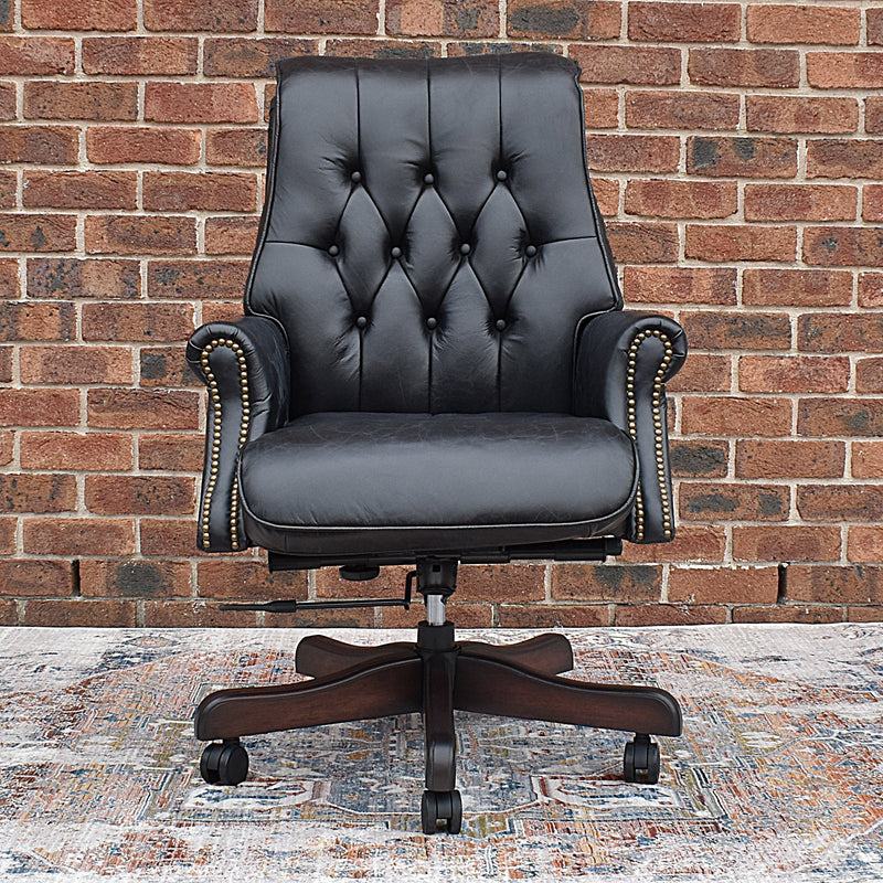 Columbus Black Leather Chesterfield Desk Chair-Dovetailed &amp; Doublestitched