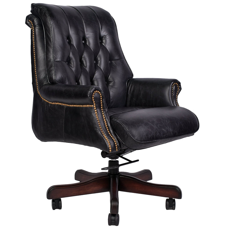 Columbus Black Leather Chesterfield Desk Chair-Dovetailed &amp; Doublestitched