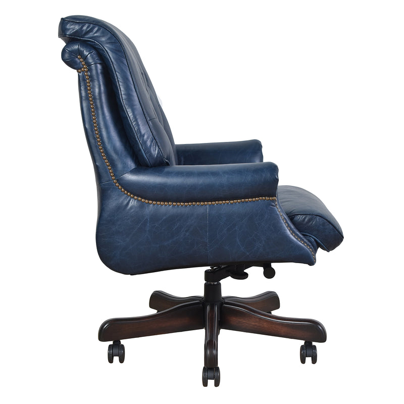 Columbus Blue Leather Chesterfield Desk Chair-Dovetailed &amp; Doublestitched