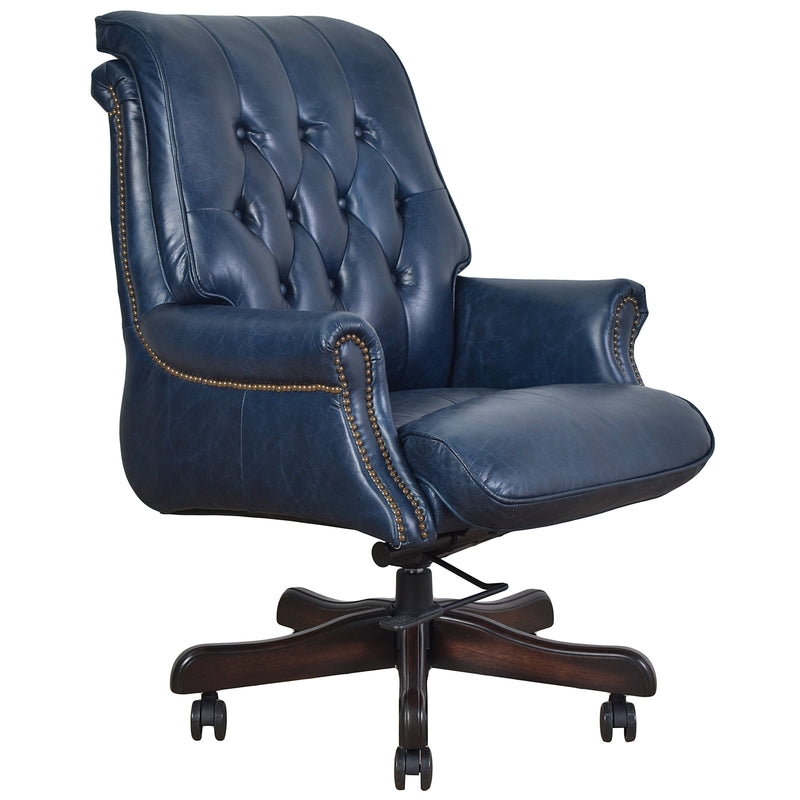 Columbus Blue Leather Chesterfield Desk Chair-Dovetailed &amp; Doublestitched