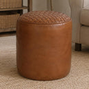 Jaipur Round Tan Leather Ottoman-Dovetailed &amp; Doublestitched