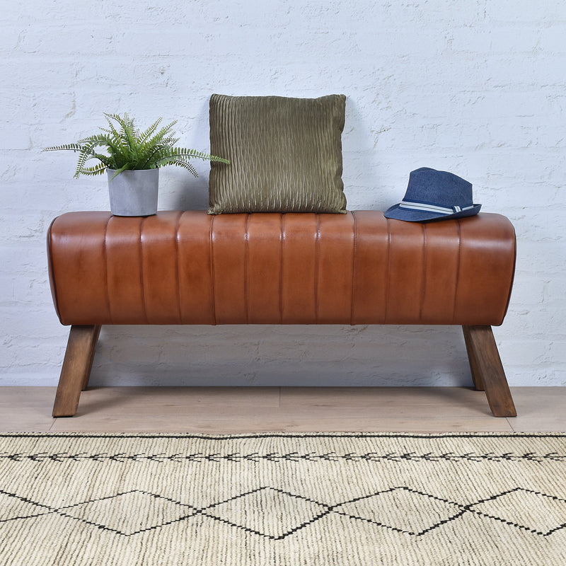Jaipur Tan Leather Bench Seat-Dovetailed &amp; Doublestitched
