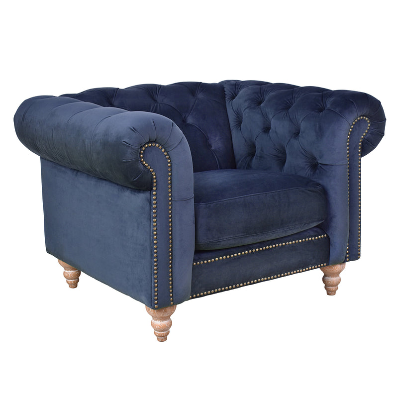 Libera Blue Velvet Chesterfield Armchair-Dovetailed &amp; Doublestitched