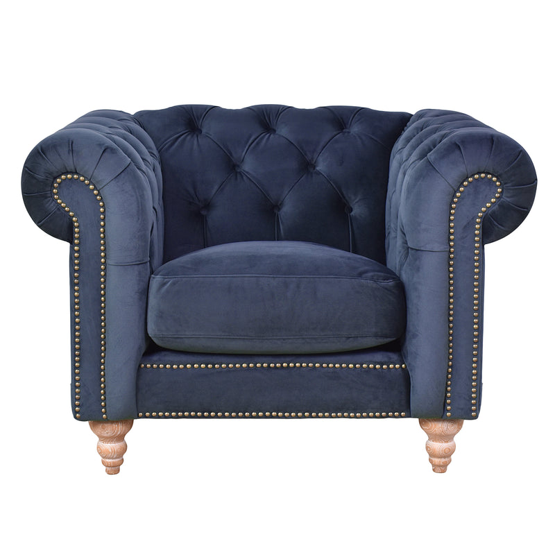 Libera Blue Velvet Chesterfield Armchair-Dovetailed &amp; Doublestitched