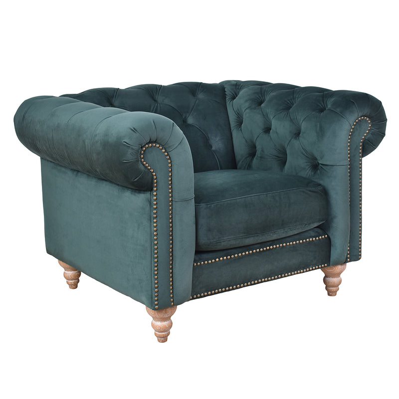 Libera Green Velvet Chesterfield Armchair-Dovetailed &amp; Doublestitched