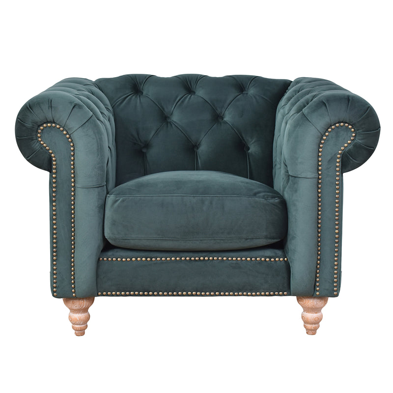 Libera Green Velvet Chesterfield Armchair-Dovetailed &amp; Doublestitched