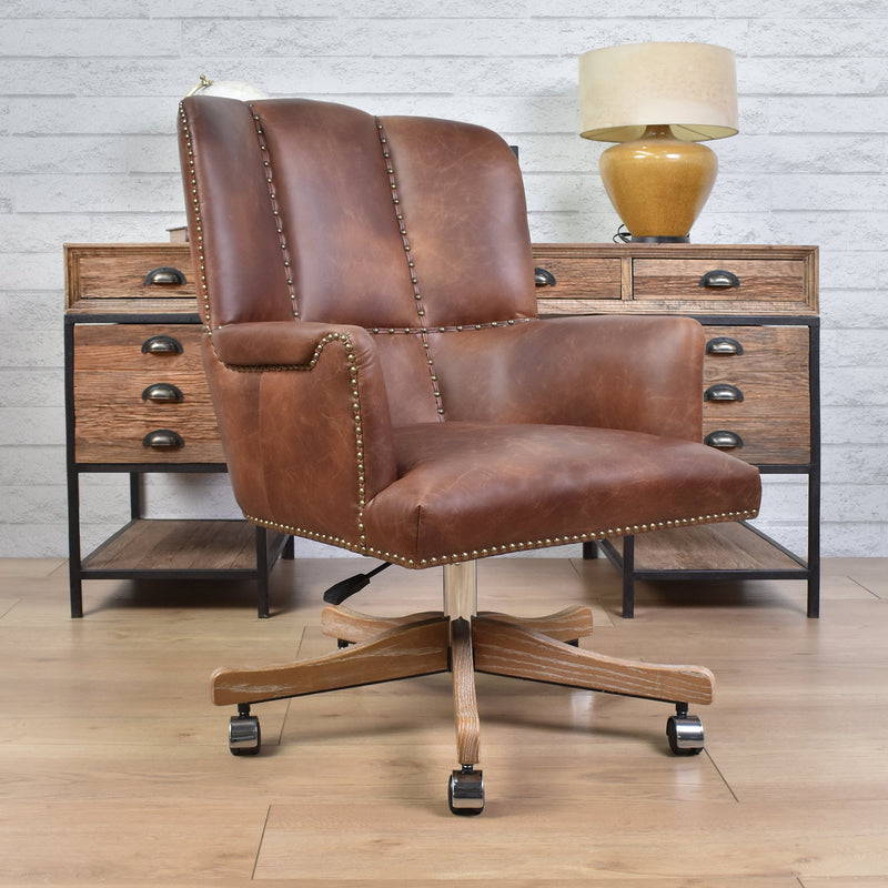 Old Saddle Brown Leather Desk Chair -White Wash Legs-Dovetailed &amp; Doublestitched