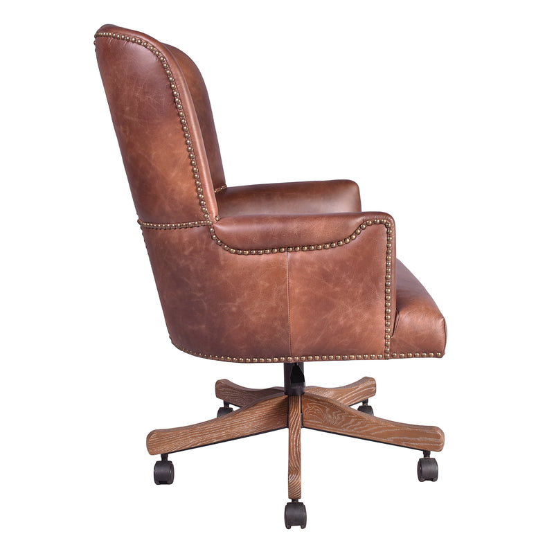 Old Saddle Brown Leather Desk Chair -White Wash Legs-Dovetailed &amp; Doublestitched