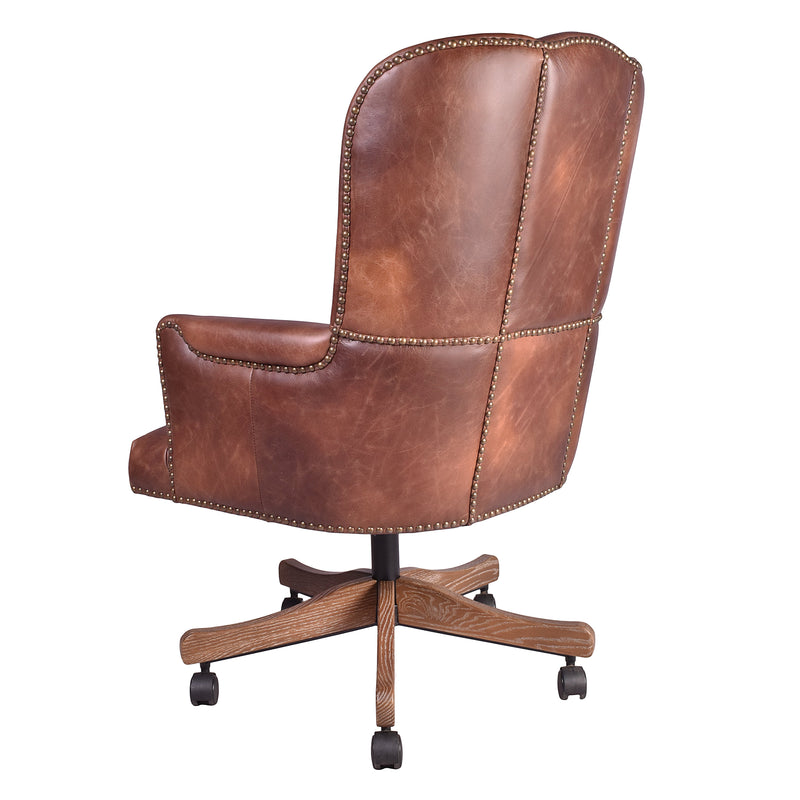 Old Saddle Brown Leather Desk Chair -White Wash Legs-Dovetailed &amp; Doublestitched