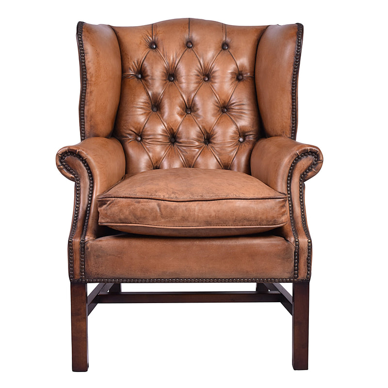 Richmond Antique Leather Wing-back Armchair-Dovetailed &amp; Doublestitched
