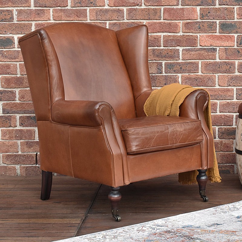 Rochester Brown Leather Wingback Armchair-Dovetailed &amp; Doublestitched