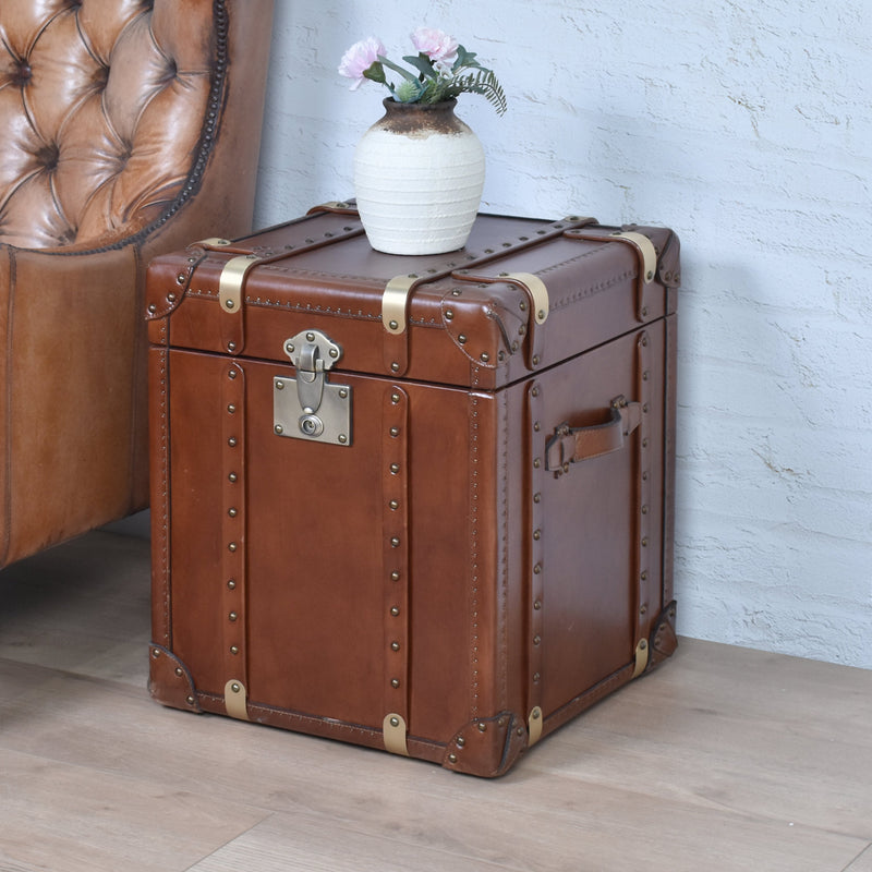 Vintage Leather Trunk Side Table-Dovetailed &amp; Doublestitched