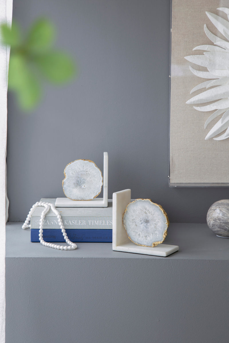 White Agate Bookends On Marble Base-Dovetailed &amp; Doublestitched