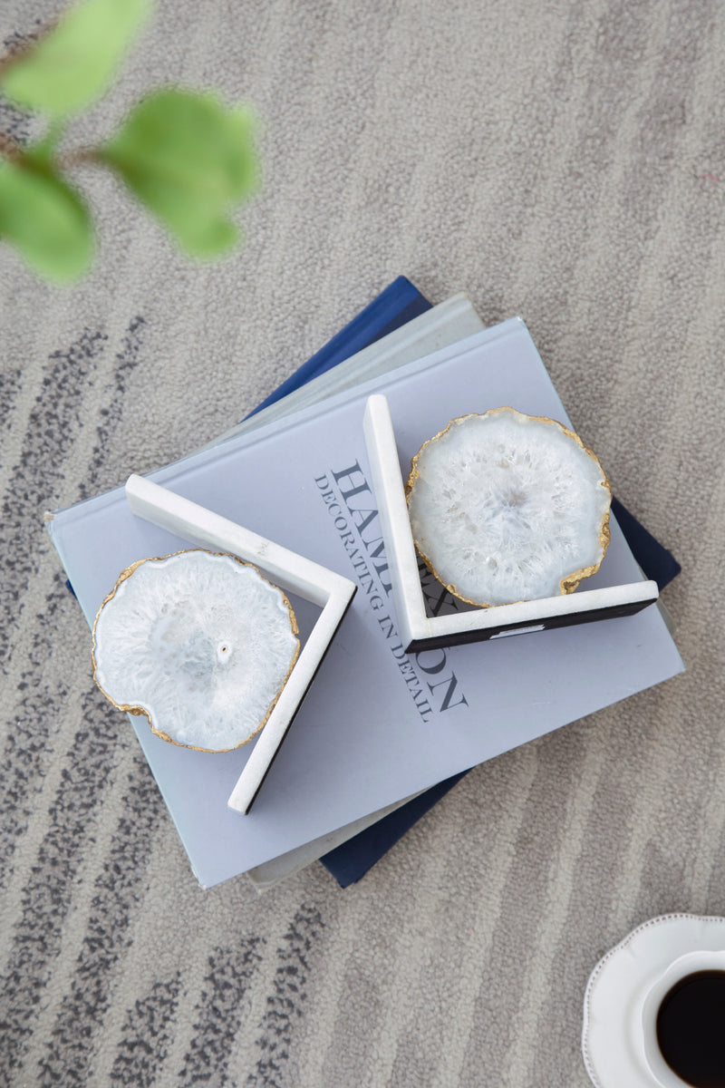 White Agate Bookends On Marble Base-Dovetailed &amp; Doublestitched