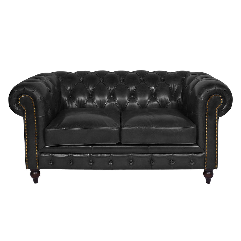 Windsor 2 Seater Black Leather Chesterfield Sofa-Dovetailed &amp; Doublestitched