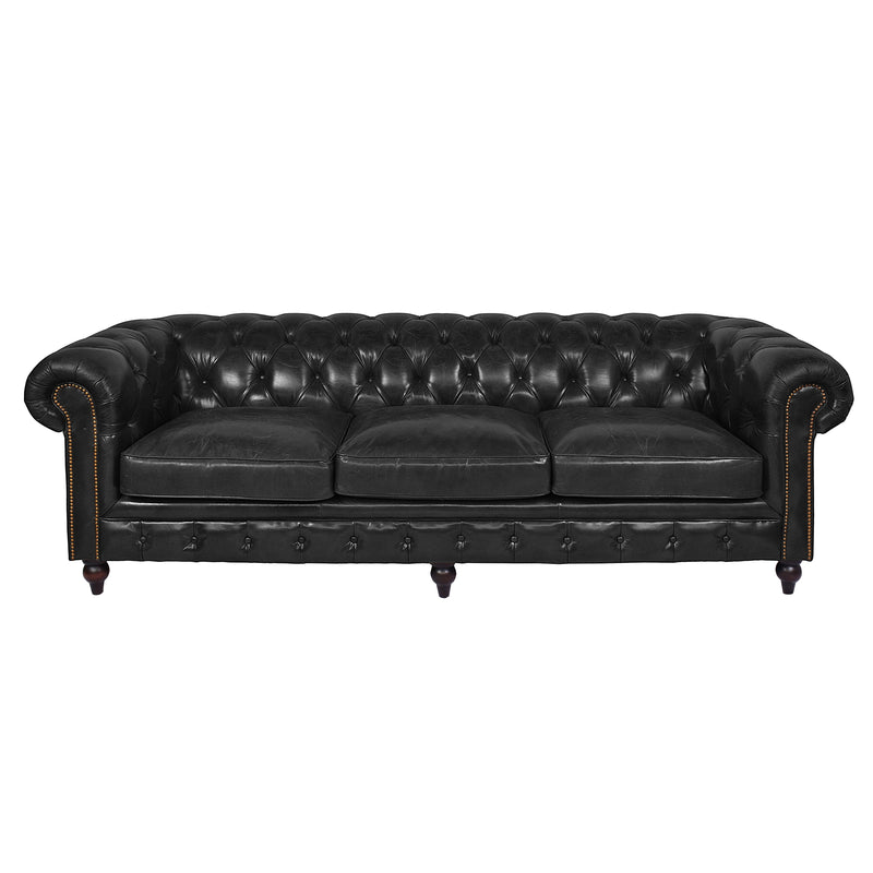 Windsor 4 Seater Black Leather Chesterfield Sofa-Dovetailed &amp; Doublestitched