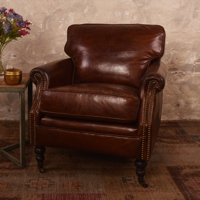 Belgrave Vintage Leather Edwardian Armchair-Dovetailed &amp; Doublestitched