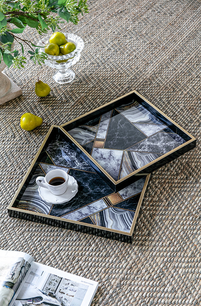 Black Abstract Decorative Square Tray Set of 2-Dovetailed &amp; Doublestitched