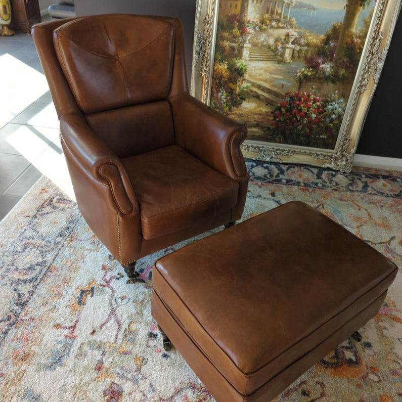 Leather reading chair with discount ottoman
