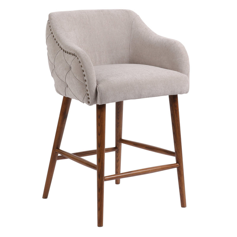 Carolina Button Back Bar Stool in Grey Linen w / Maron Leg-Dovetailed &amp; Doublestitched