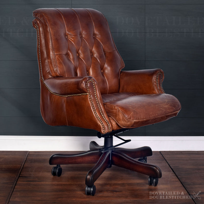 Columbus Vintage Leather Chesterfield Desk Chair-Dovetailed &amp; Doublestitched