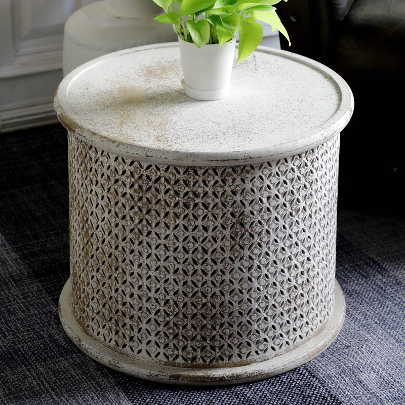 Jaipur Boho Carved Side Table-Dovetailed &amp; Doublestitched