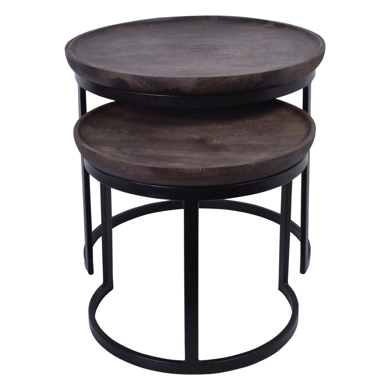 Jaipur Iron and Wood Round Side Table Set of 2-Dovetailed &amp; Doublestitched