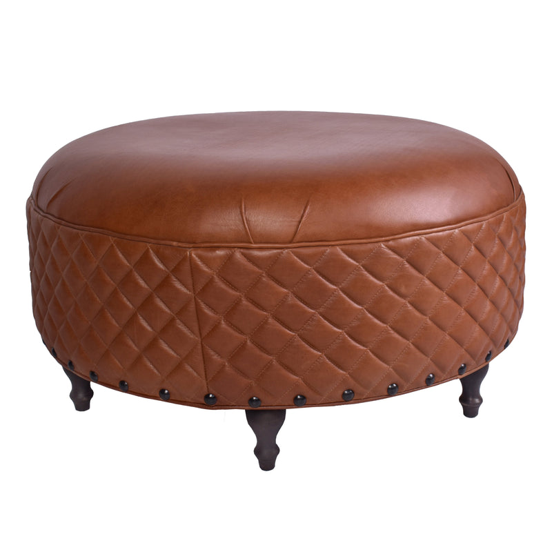 Jaipur Large Tan Leather Round Ottoman-Dovetailed &amp; Doublestitched