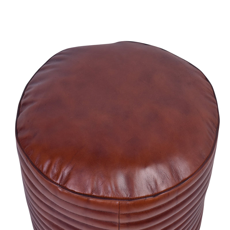 Jaipur Rolled Leather Round Ottoman-Dovetailed &amp; Doublestitched