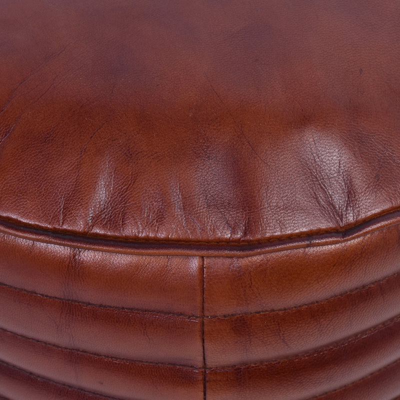 Jaipur Rolled Leather Round Ottoman-Dovetailed &amp; Doublestitched