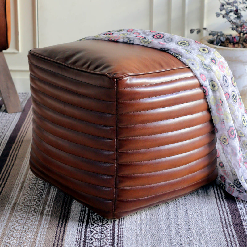 Jaipur Rolled Leather Square Ottoman-Dovetailed &amp; Doublestitched