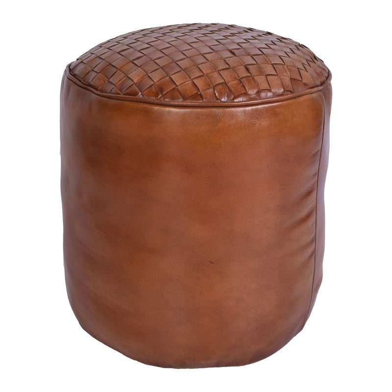 Jaipur Round Tan Leather Ottoman-Dovetailed &amp; Doublestitched