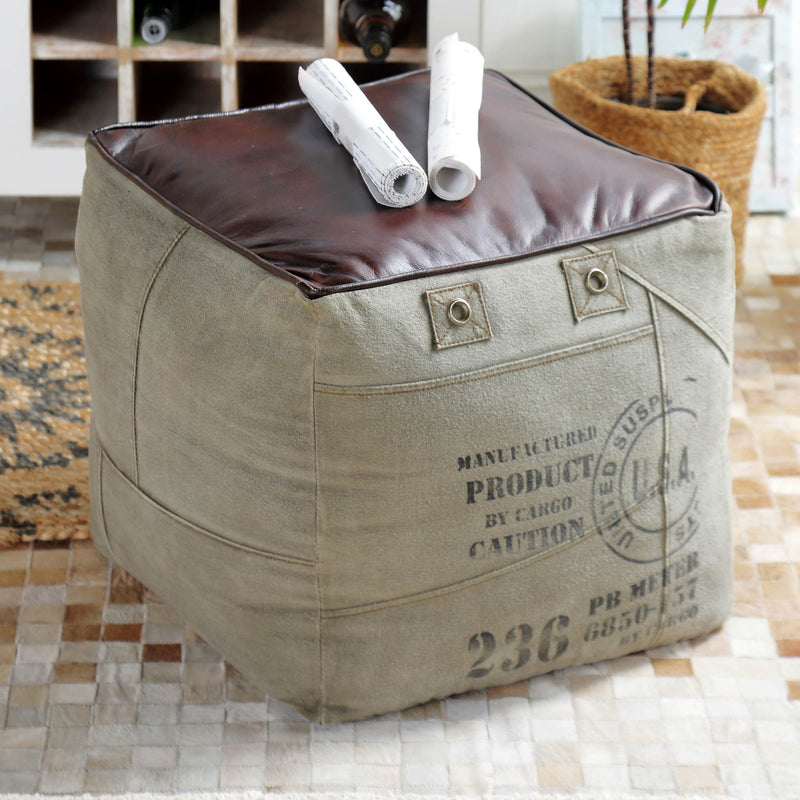 Jaipur Square Canvas With Leather Top Ottoman-Dovetailed &amp; Doublestitched